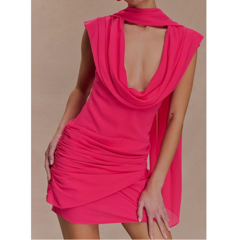 Meshki Giulia Chiffon Draped Mini Dress Size Large Raspberry Hot Pink Low Cut